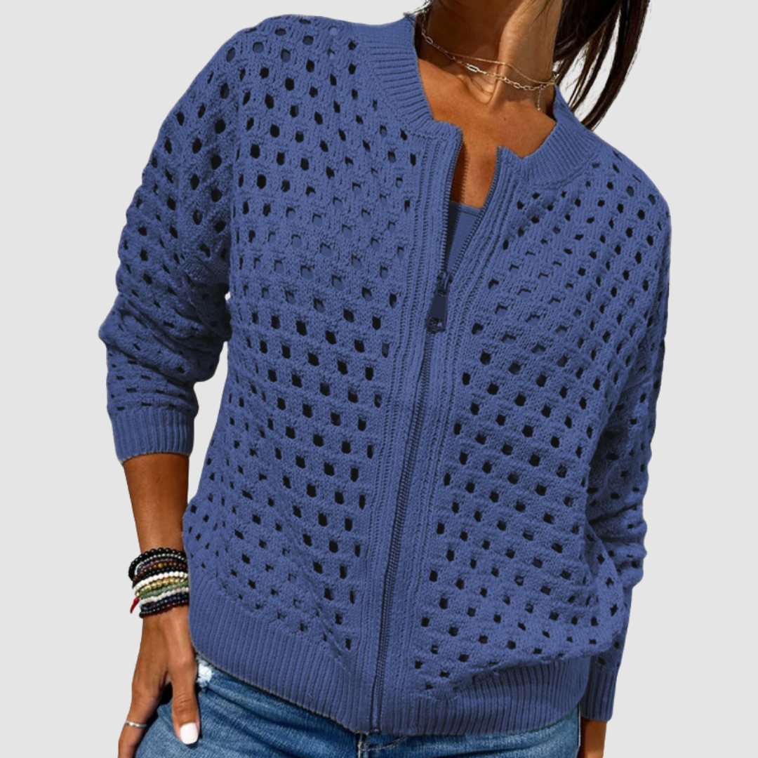 Women's Open Knit Full-Zip Knit Cardigan with Ribbed Trim – view 5