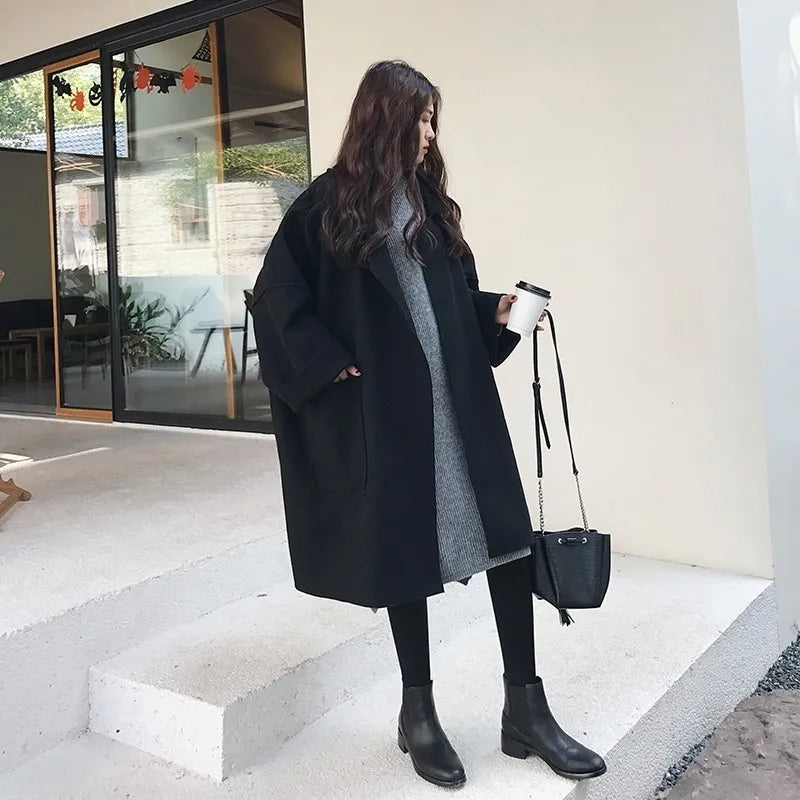 Women's Loose-Fit Wool Blend Trench Coat – Black