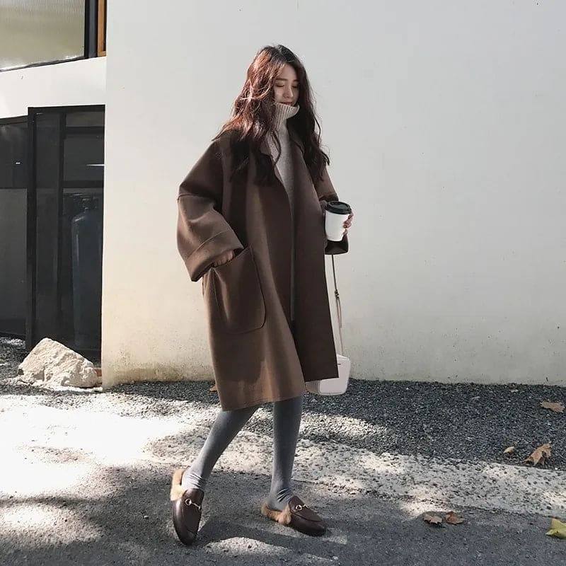 Women's Loose-Fit Wool Blend Trench Coat – Brown