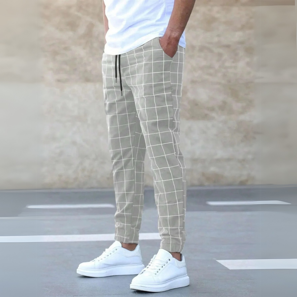 Men's Print-Detail Slim-Tapered Joggers with Drawstring Waist – Light Gray