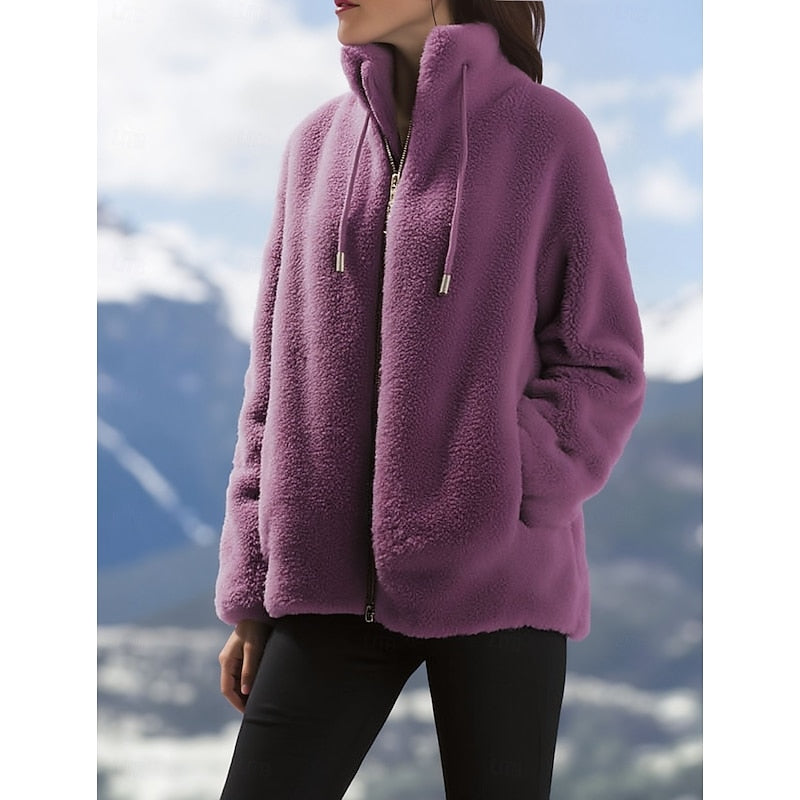 Women's Plush Zip-Front Stand Collar Coat – Purple