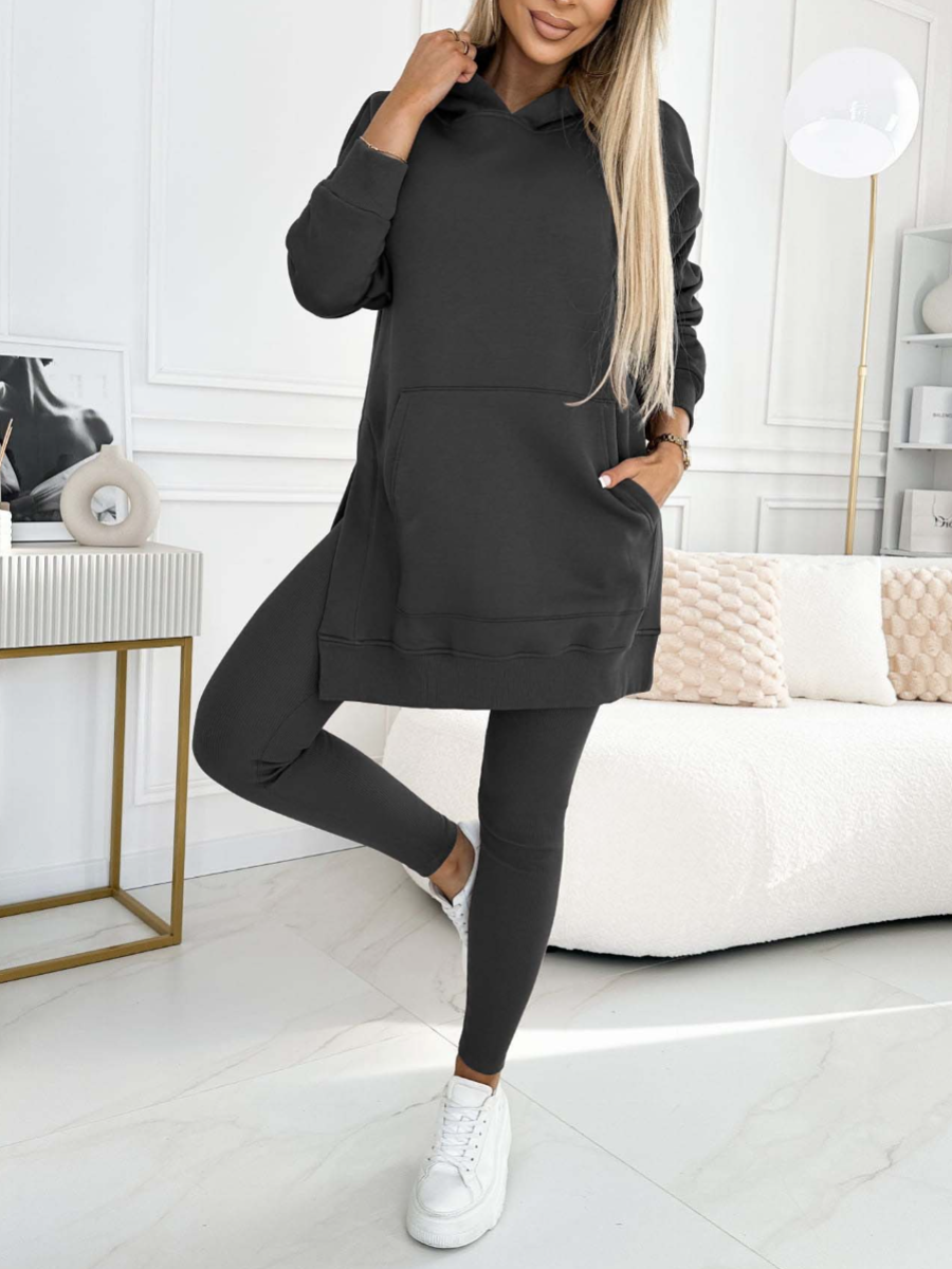 Women's Longline Hoodie and Leggings Set for Weekends – Dark Gray