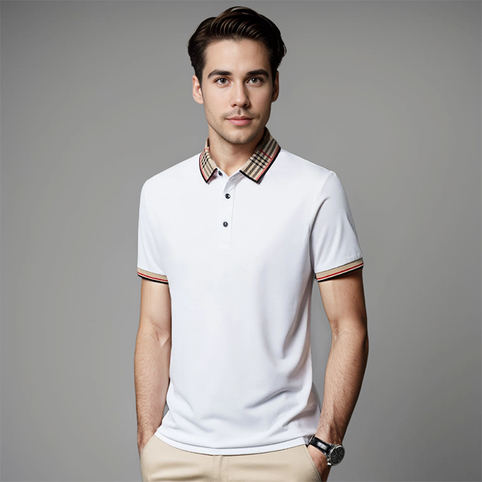 Men's Contrast Collar Short-Sleeve Polo Shirt for Evening Wear – White