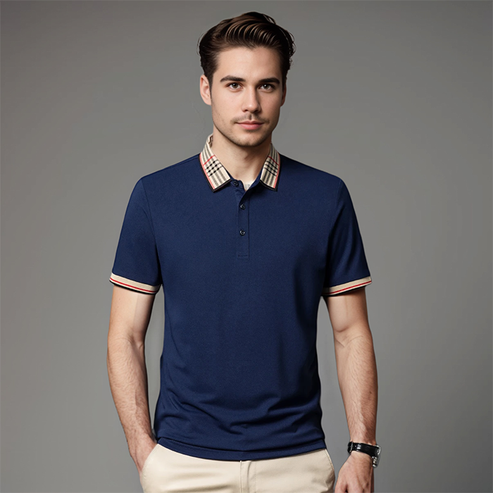 Men's Contrast Collar Short-Sleeve Polo Shirt for Evening Wear – Navy Blue