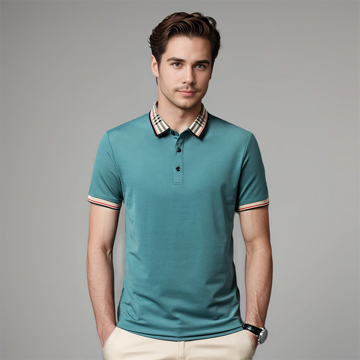 Men's Contrast Collar Short-Sleeve Polo Shirt for Evening Wear – Blue Green