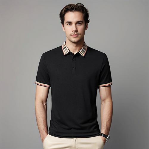Men's Contrast Collar Short-Sleeve Polo Shirt for Evening Wear – Black