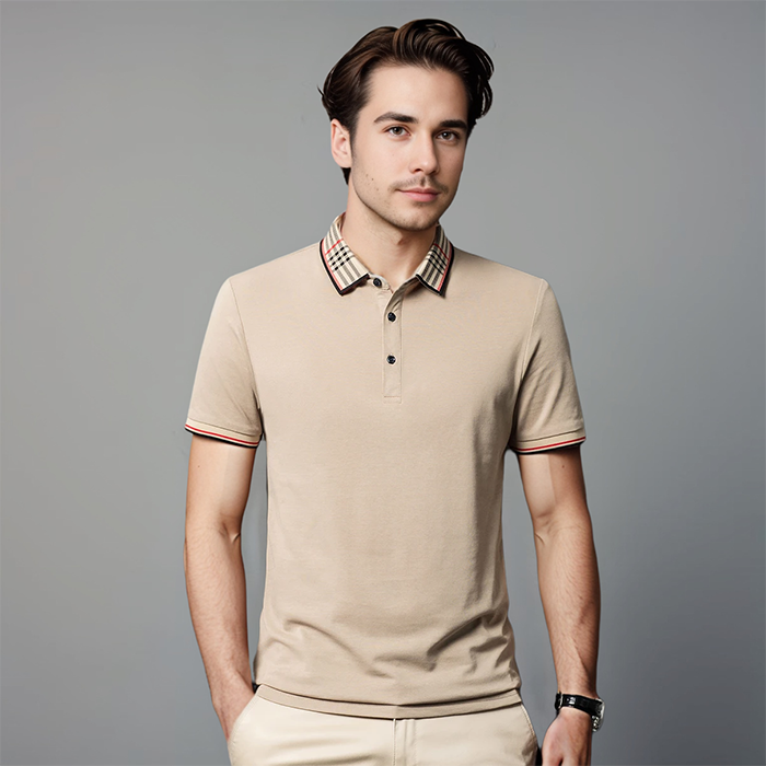 Men's Contrast Collar Short-Sleeve Polo Shirt for Evening Wear – Khaki