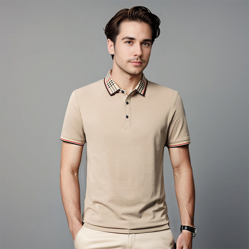 Men's Contrast Collar Short-Sleeve Polo Shirt for Evening Wear – Khaki