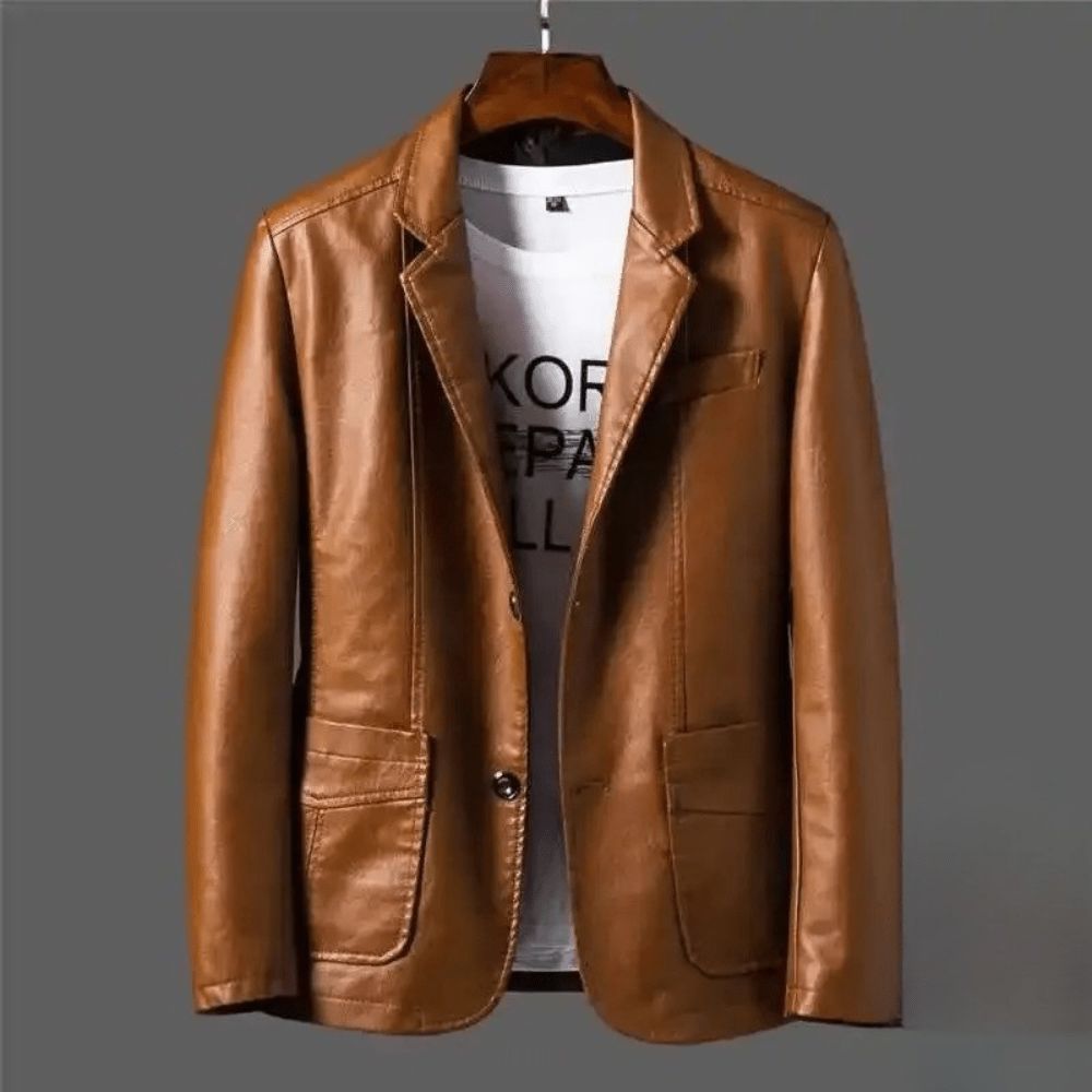 Men's Two-Button Fitted Leather Blazer Jacket – Brown