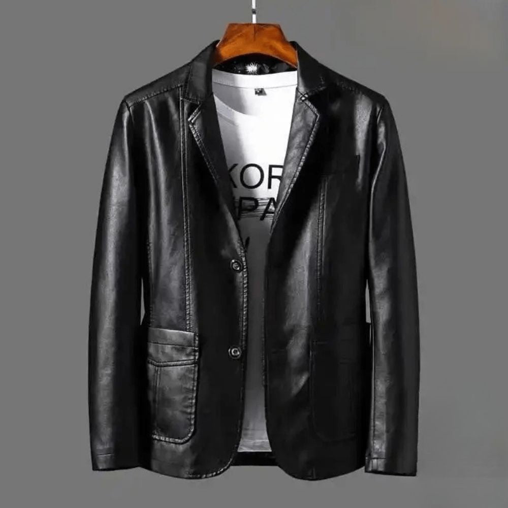 Men's Two-Button Fitted Leather Blazer Jacket – Black