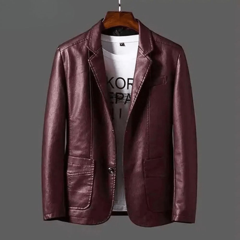 Men's Two-Button Fitted Leather Blazer Jacket – Wine Red