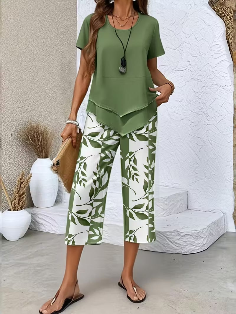 Women's Leaf Print Capri Two-Piece Set for Fall – Green