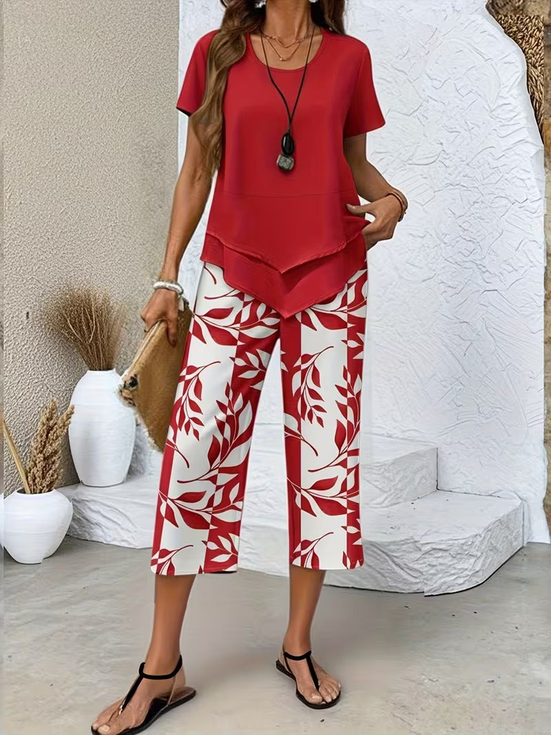 Women's Leaf Print Capri Two-Piece Set for Fall – Red