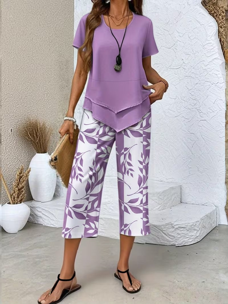 Women's Leaf Print Capri Two-Piece Set for Fall – Purple