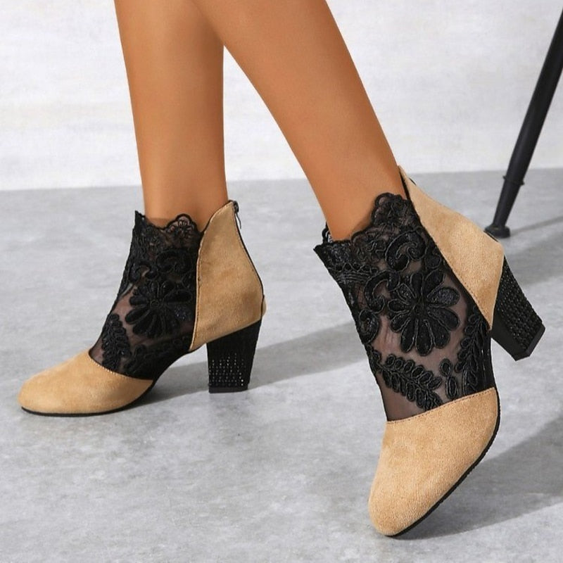 Women's Flower-Print Lace-Detail Block-Heel Booties – Yellow