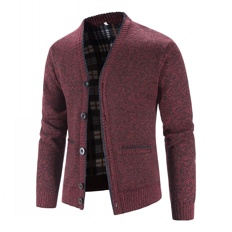 Men's Lined V-Neckline Button-Front Knit Cardigan – Red