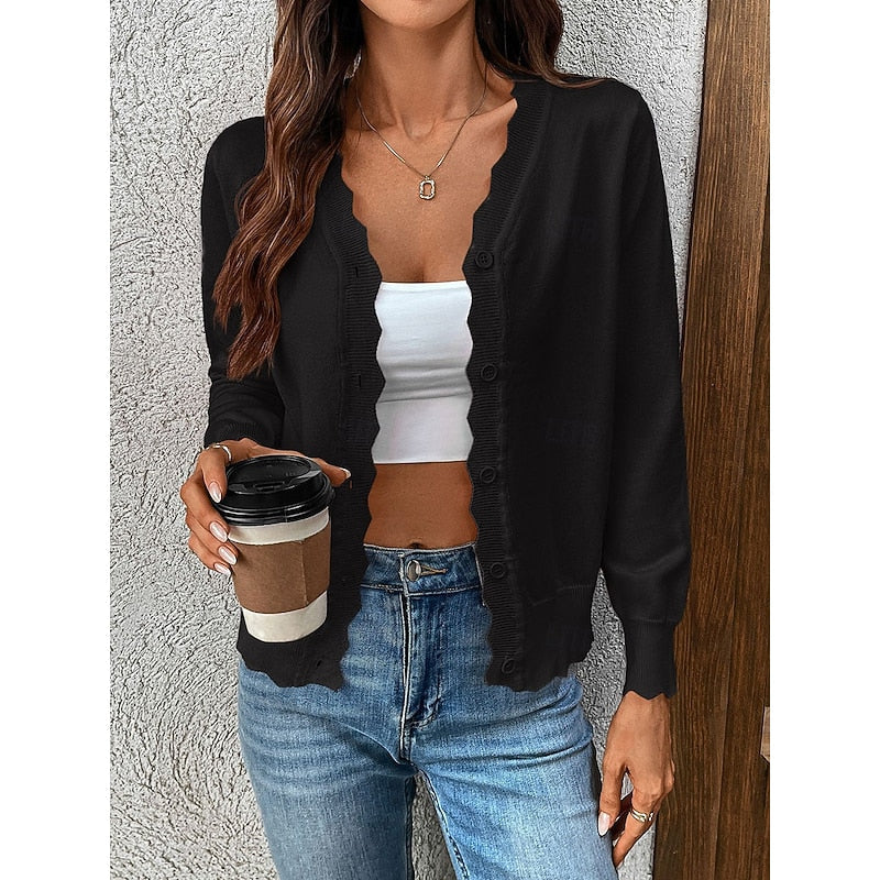 Women's Scalloped-Edge V-Neckline Button-Front Knit Cardigan for Weekends – Black