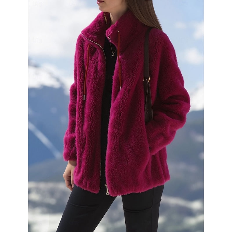 Women's Plush Zip-Front Stand Collar Coat – Red