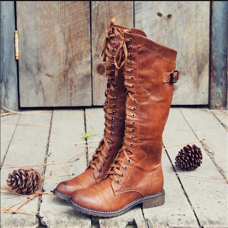 Women's Tall Tie-Front Riding Boots with Side Buckle – Brown