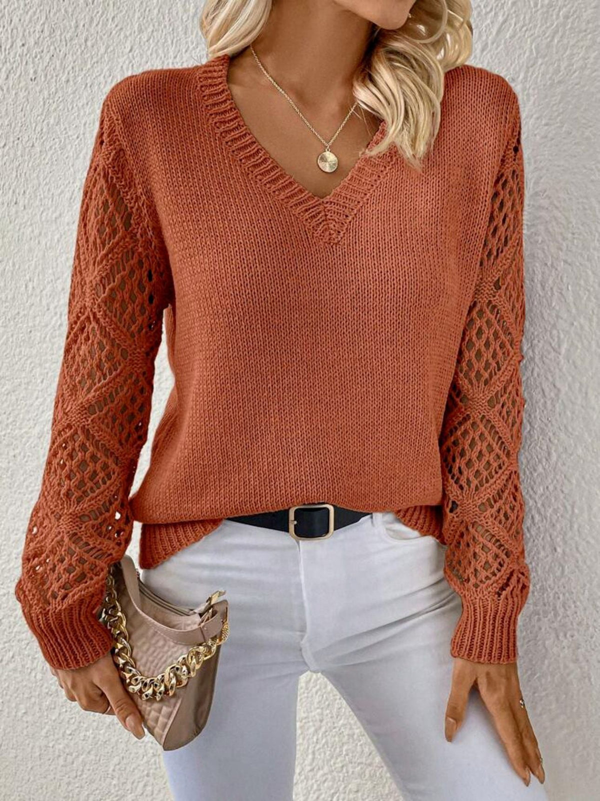 Women's V-Neckline Knit Pullover with Crochet Sleeves – view 3