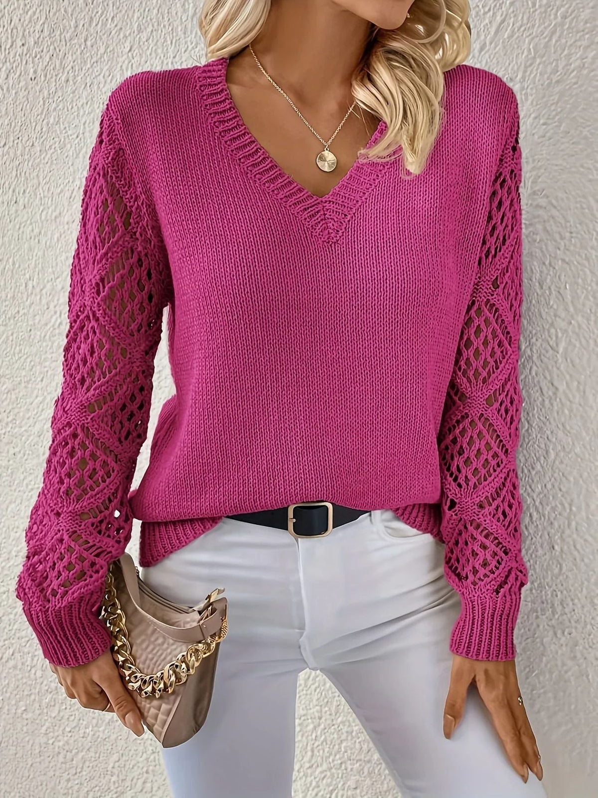 Women's V-Neckline Knit Pullover with Crochet Sleeves – Dark Pink