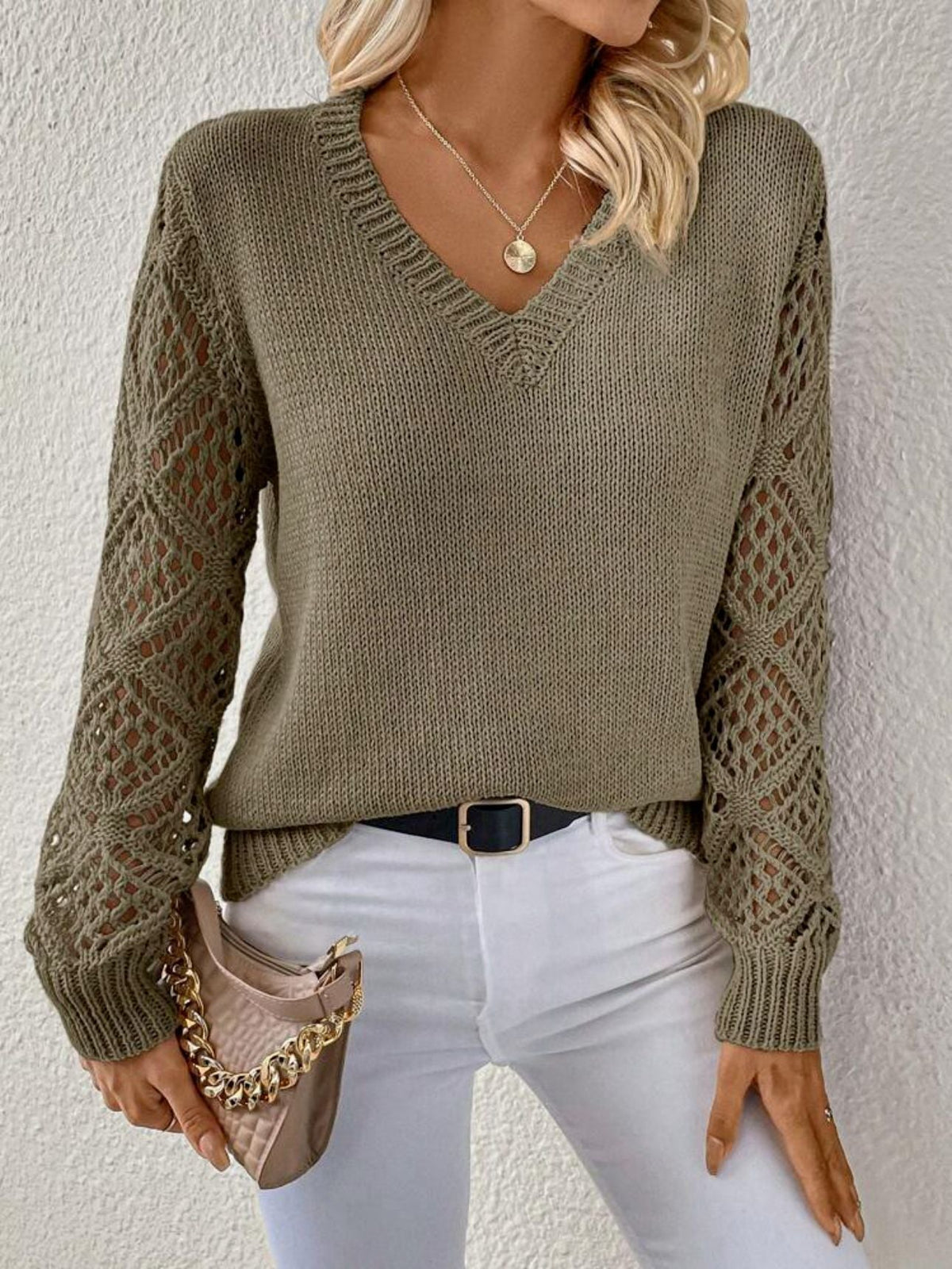 Women's V-Neckline Knit Pullover with Crochet Sleeves – Caramel Brown