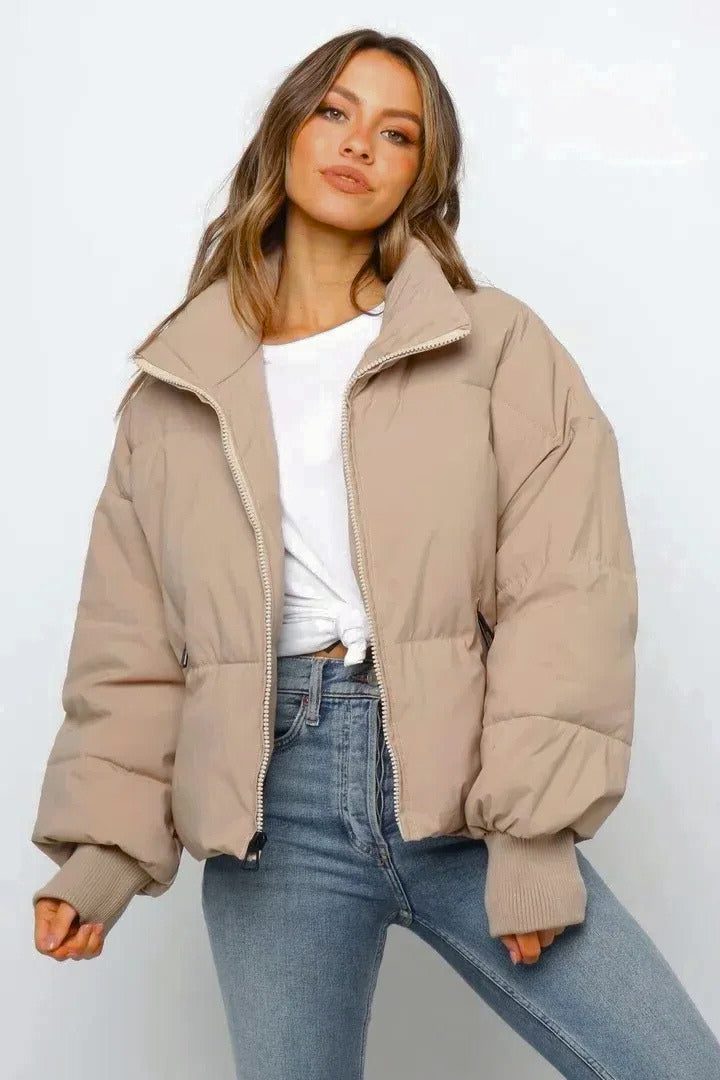 Women's Crop-Length Full-Zip Puffer Jacket – Khaki
