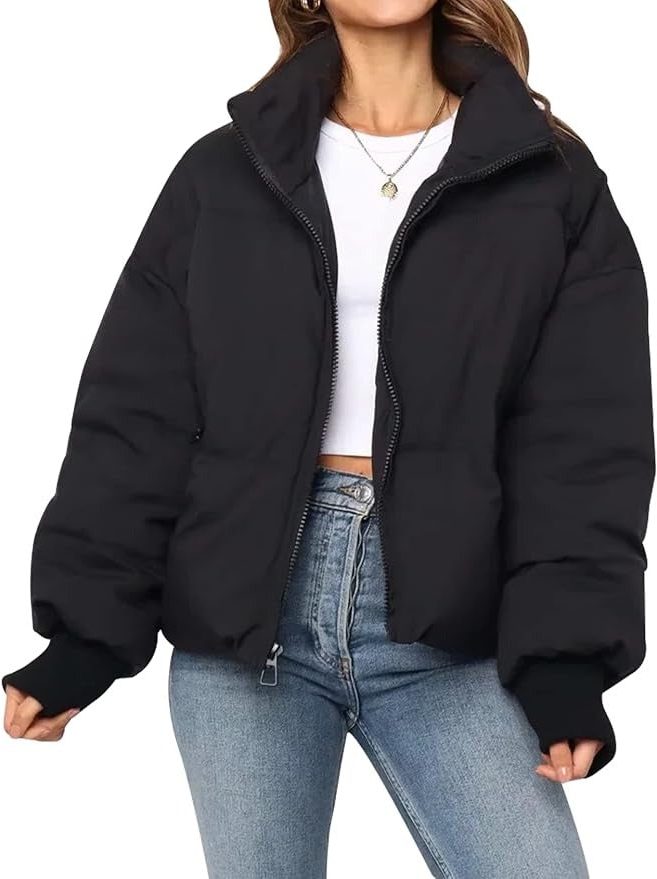 Women's Crop-Length Full-Zip Puffer Jacket – Black