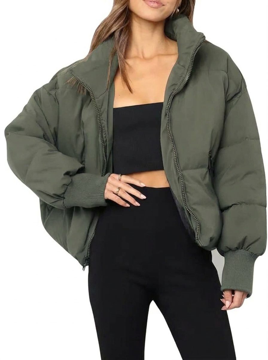 Women's Crop-Length Full-Zip Puffer Jacket – Green