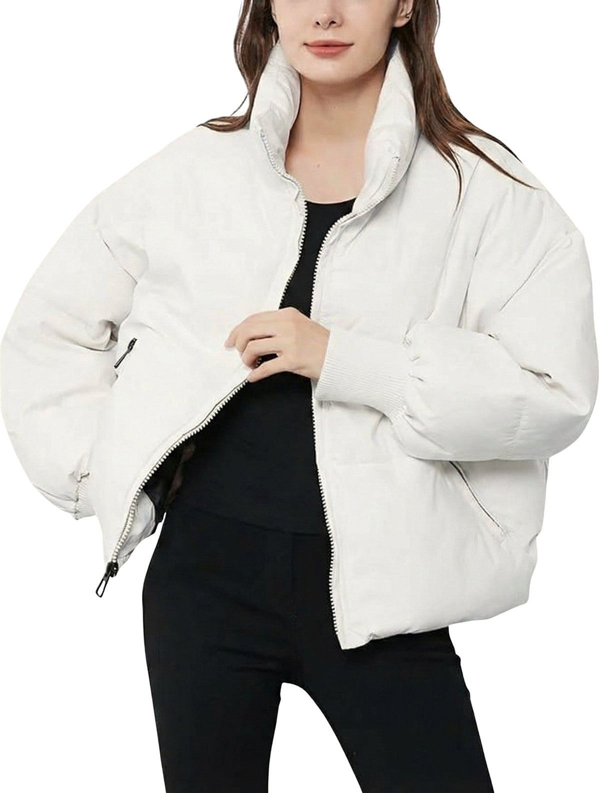 Women's Crop-Length Full-Zip Puffer Jacket – White
