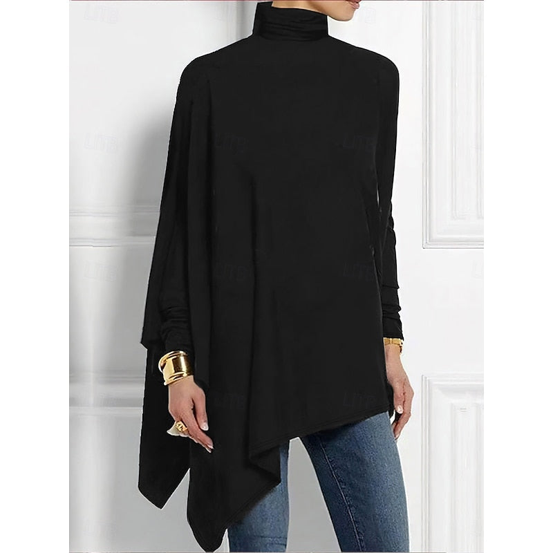 Women's Draped Asymmetric Hem Roll-Neck Knit Pullover – Black