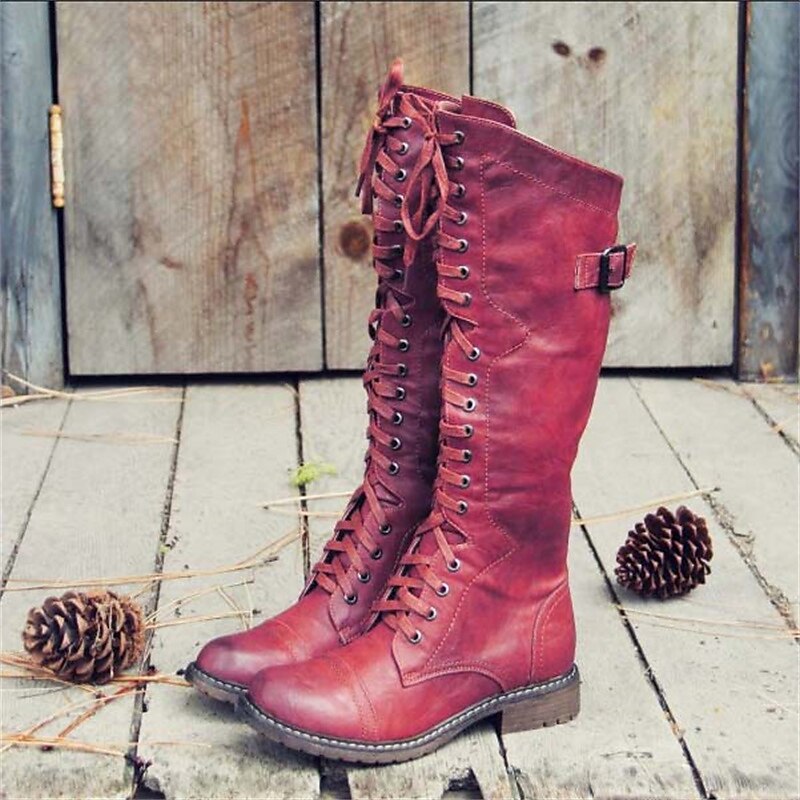 Women's Tall Tie-Front Riding Boots with Side Buckle – Red