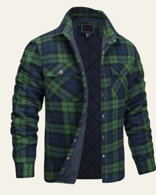 Men's Checked Snap-Front Shirt Jacket for Outdoor Wear – Green