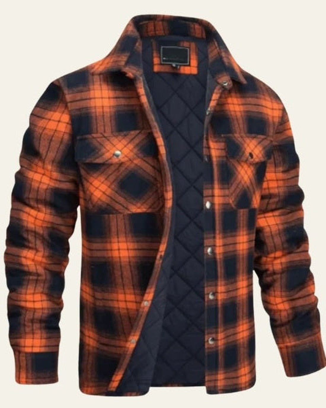 Men's Checked Snap-Front Shirt Jacket for Outdoor Wear – Orange