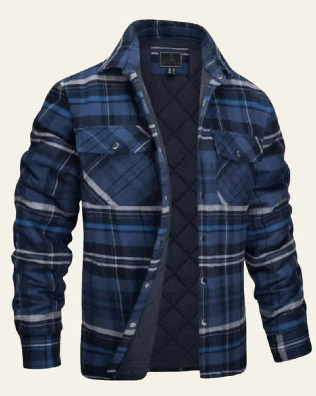 Men's Checked Snap-Front Shirt Jacket for Outdoor Wear – Dark Blue