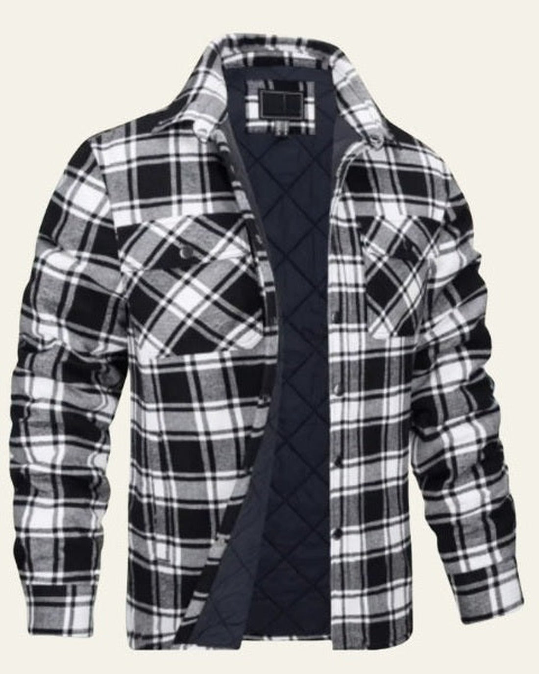 Men's Checked Snap-Front Shirt Jacket for Outdoor Wear – Black