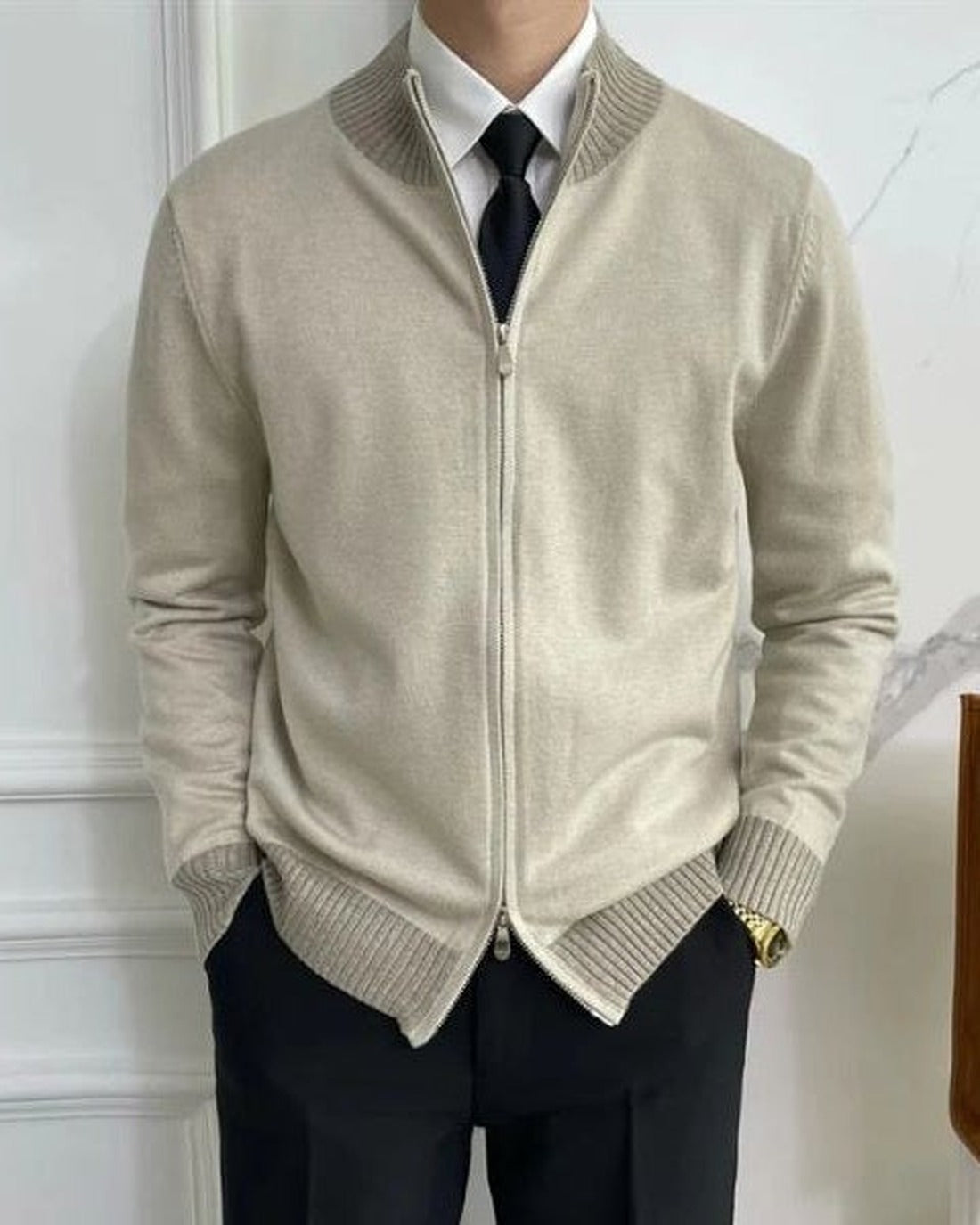 Men's Zip-Front Rib-Knit Trim Knit Cardigan – Beige