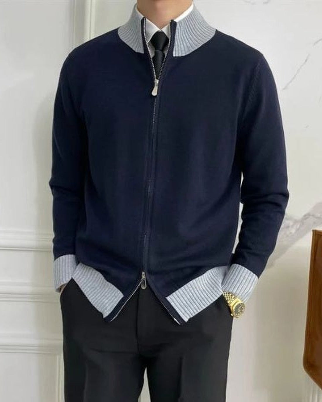 Men's Zip-Front Rib-Knit Trim Knit Cardigan – Navy Blue