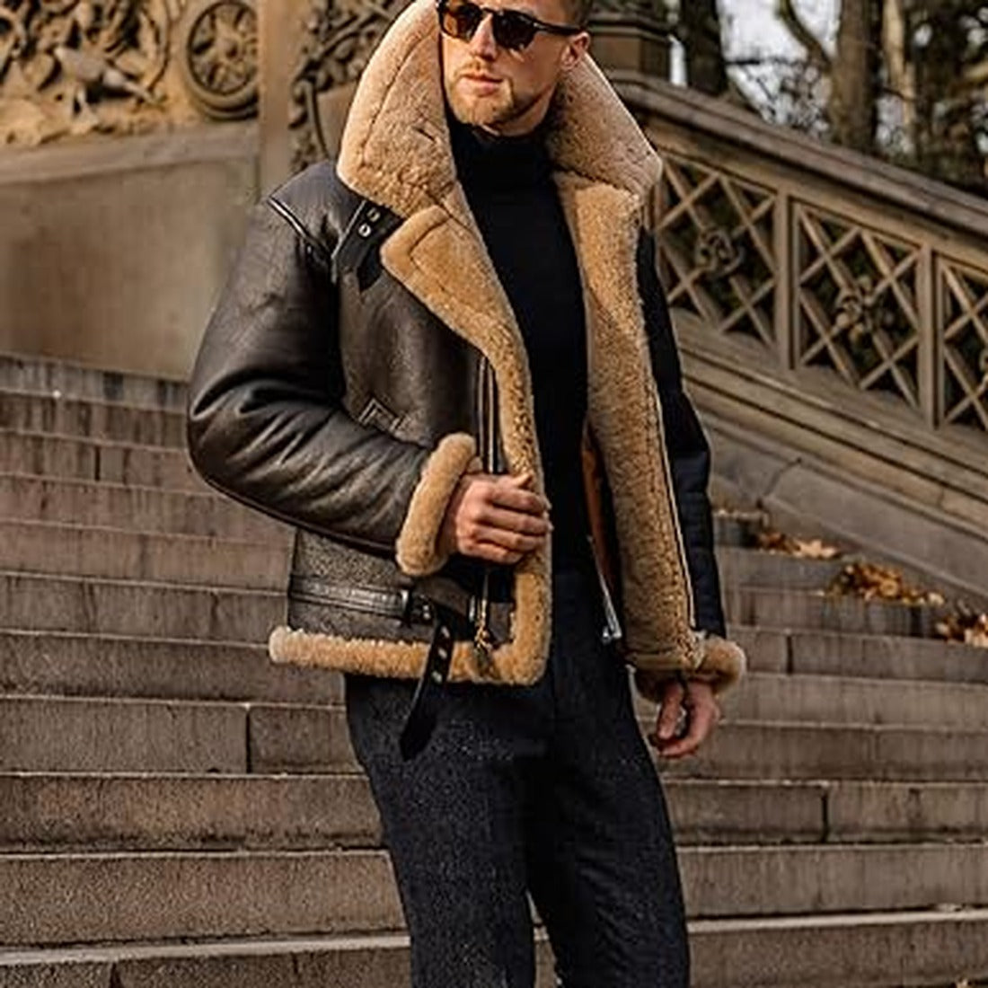Men's Sherpa-Backed Leather-Look Aviator Jacket – view 2