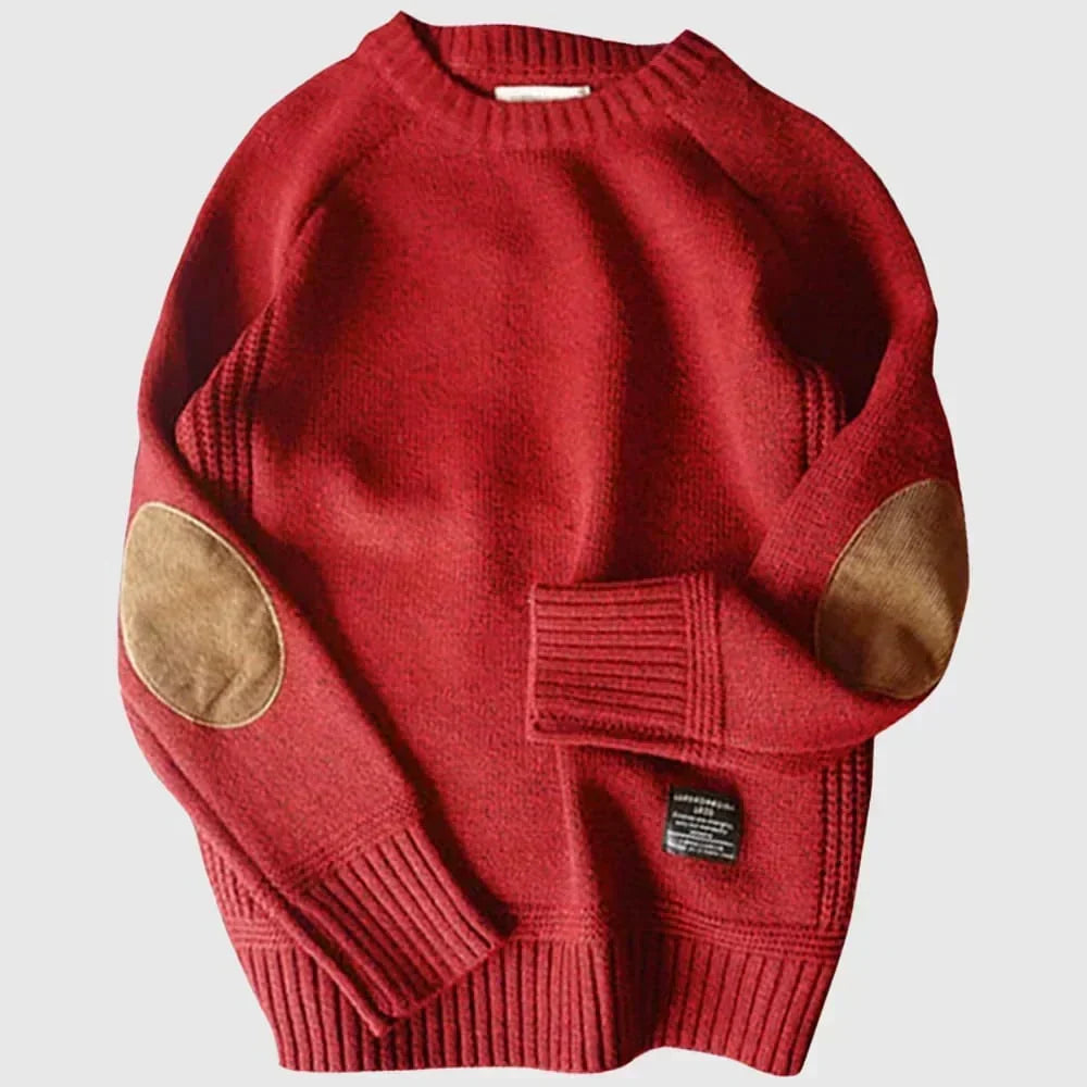 Men's Crew-Neck Knit Pullover with Elbow Patches – Red