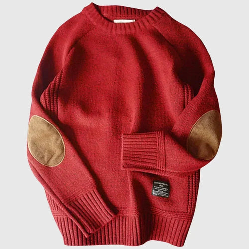Men's Crew-Neck Knit Pullover with Elbow Patches – Red