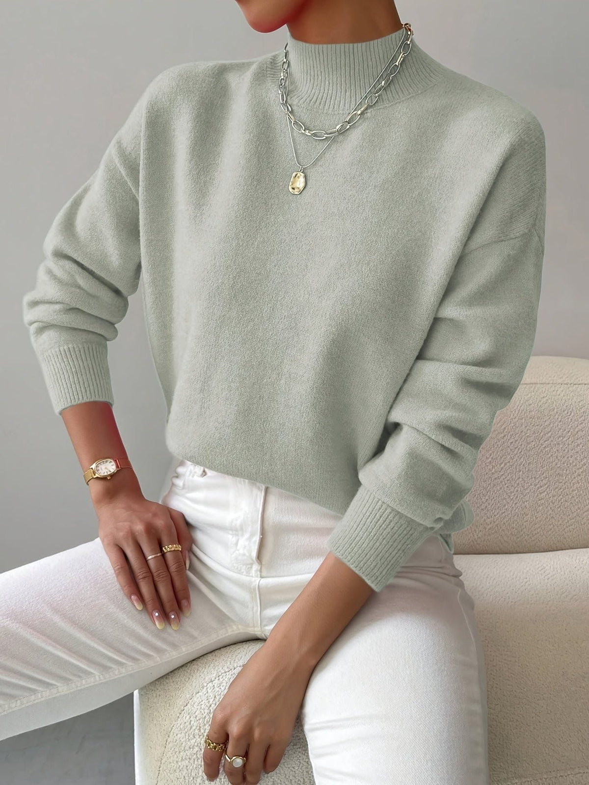 Women's Rib-Knit Roll Neck Knit Pullover – Light Green