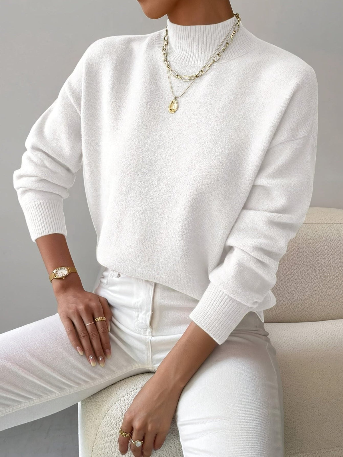 Women's Rib-Knit Roll Neck Knit Pullover – White