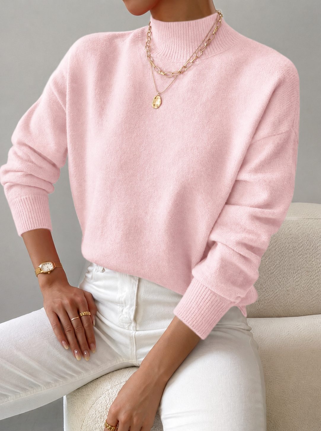 Women's Rib-Knit Roll Neck Knit Pullover – Light Pink