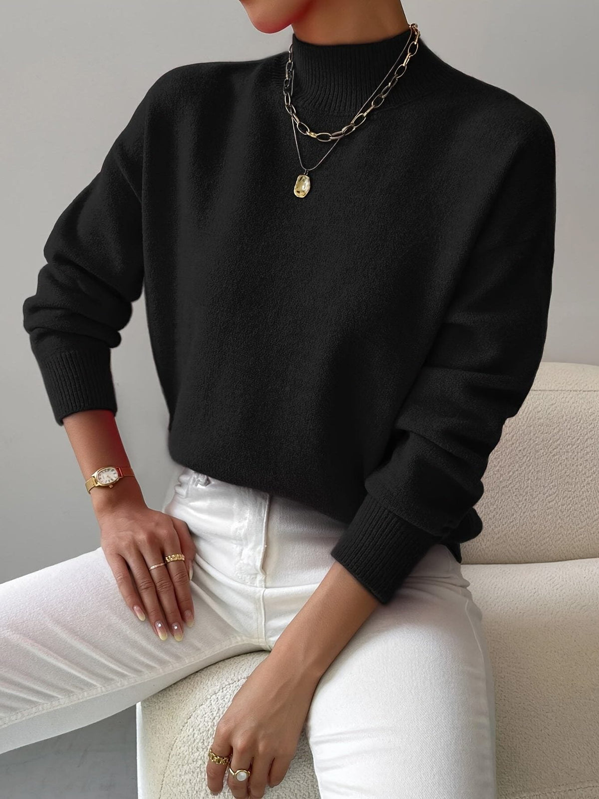 Women's Rib-Knit Roll Neck Knit Pullover – Black