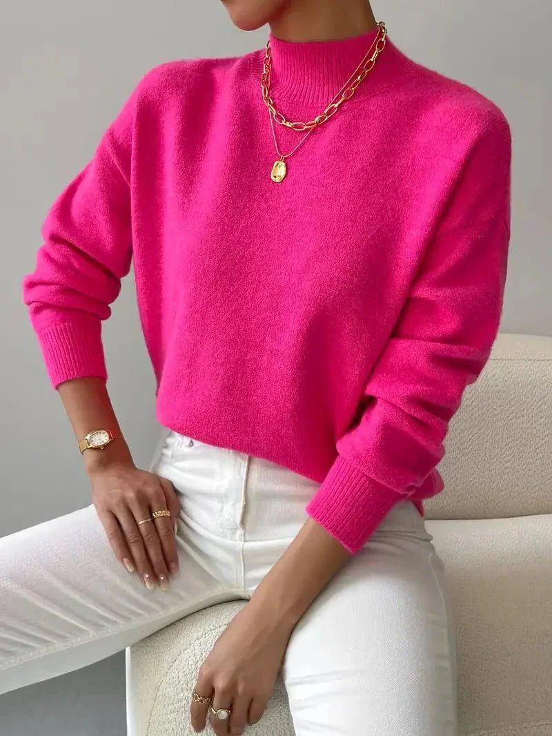 Women's Rib-Knit Roll Neck Knit Pullover – Pink