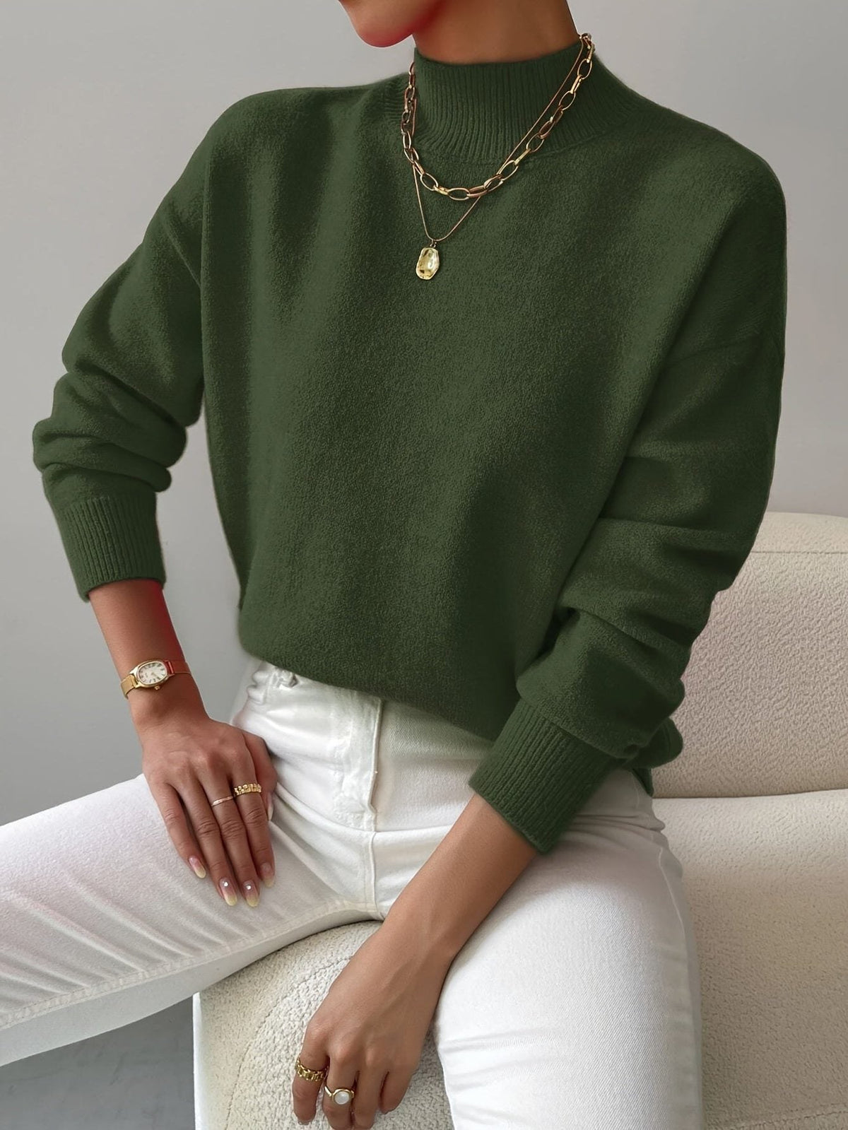 Women's Rib-Knit Roll Neck Knit Pullover – Green