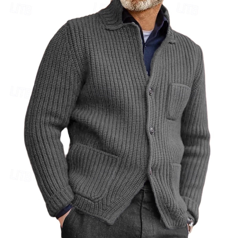 Men's Rib-Knit Stand-Collar Button Knit Cardigan with Pockets – view 2