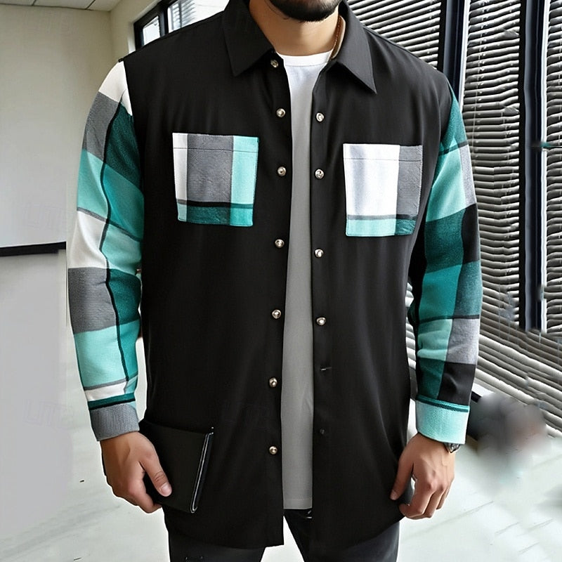 Men's Patchwork Contrast-Panel Shirt Jacket for Weekends – Sky Blue