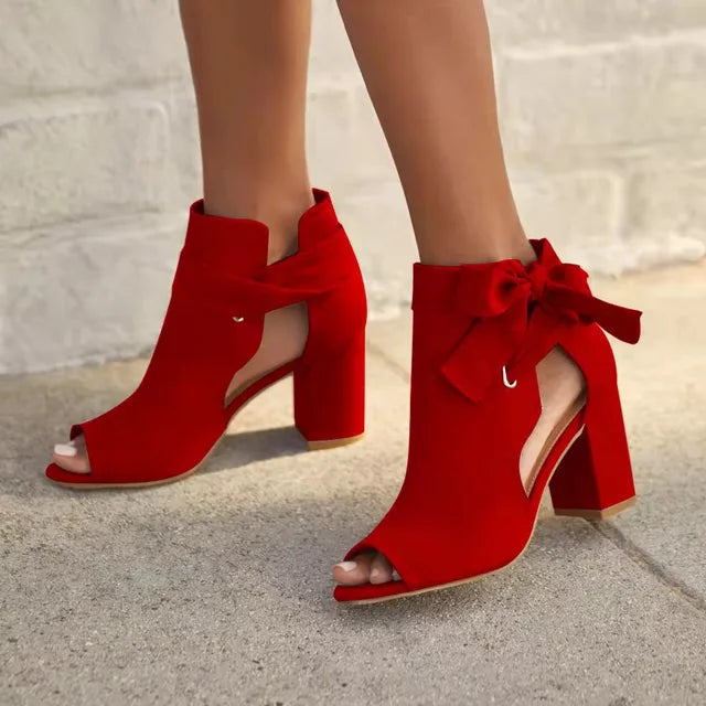 Women's Peep-Toe Booties with Side Bow Detail – Red